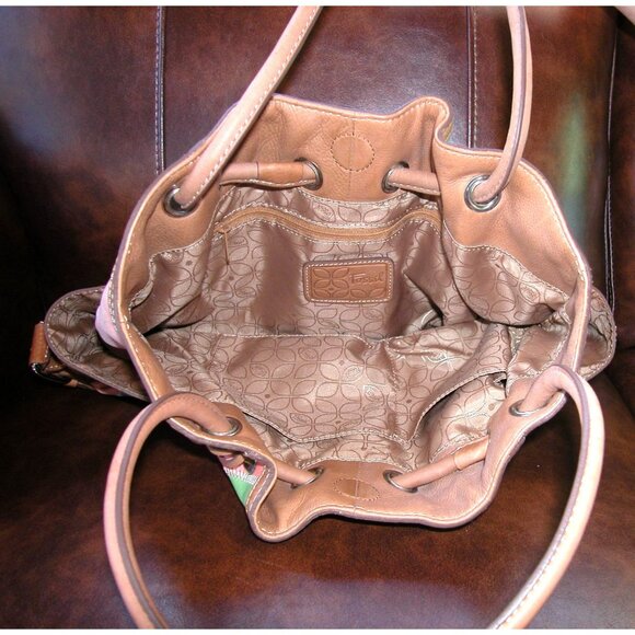 Multicolor Leather Fossel Tote Bag With Dual Handles & Buckle Accents - Picture 2 of 6